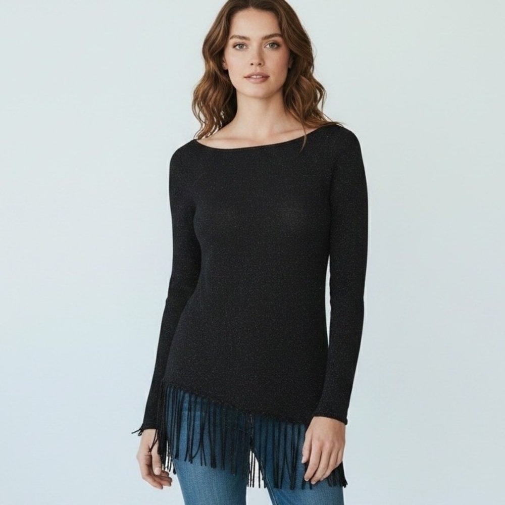White House Black Market Black Metallic Fringe Asymmetrical Knit Sweater XXS